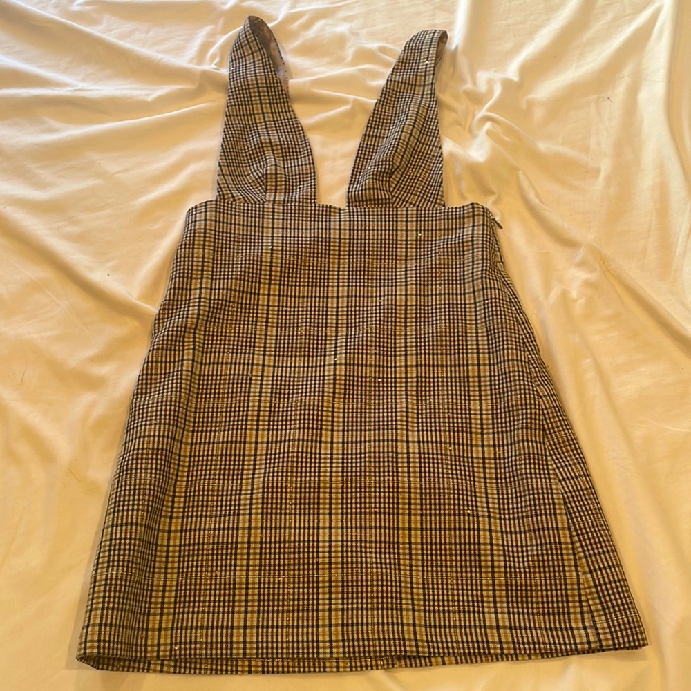 Checked print jumper/overalls. Nude, brown, black jumper dress. Size small